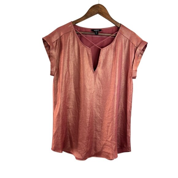 Express Tops - Express Petite Satin Rose Gold Cross Strap V-Neck Cap Sleeve Top MP